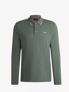 HUGO Olive Green Long-Sleeve Polo with White Trim